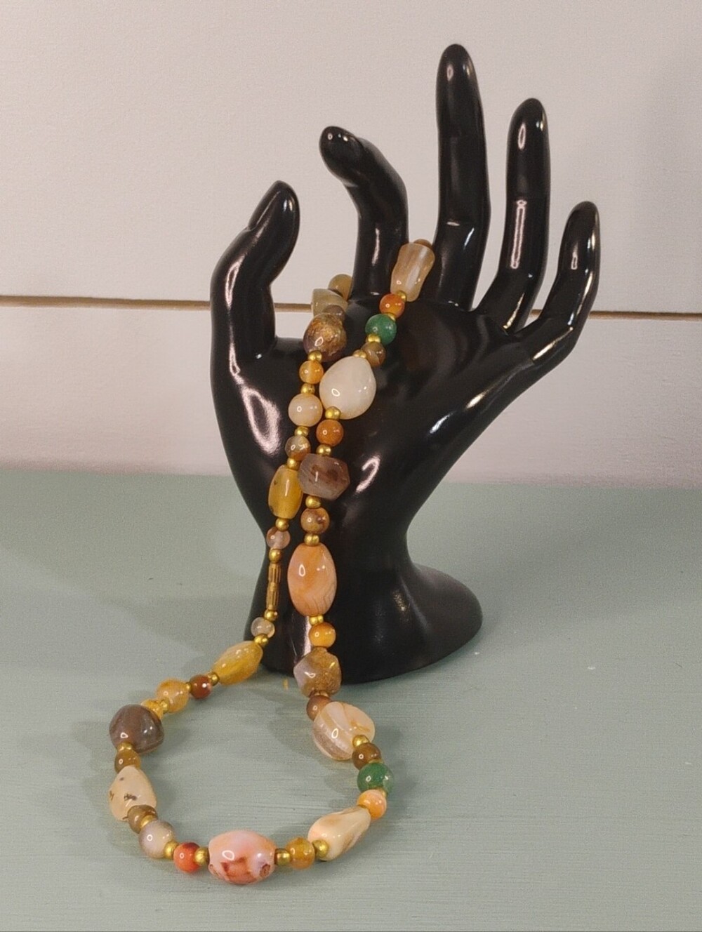 Bohemian Beggars Beads Natural Agate & Jade Beaded Necklace Barrel Clasp